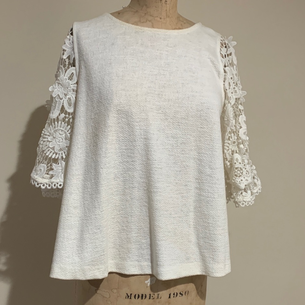 Anthropologie White Lace Sleeve Blouse